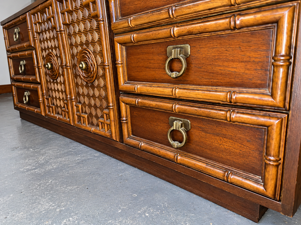 Vintage Faux Bamboo + Greek Key Credenza Dresser Available for Custom Lacquer! - Hibiscus House