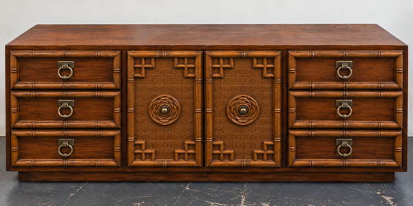 Vintage Faux Bamboo + Greek Key Credenza Dresser Available for Custom Lacquer! - Hibiscus House