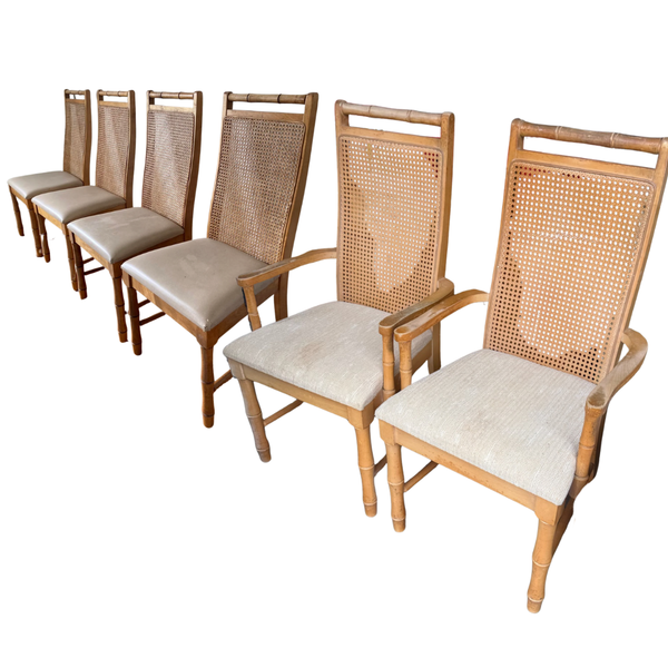 Vintage Set of Six Broyhill Furniture Faux Bamboo and Cane Dining Chairs Available for Custom Lacquer! - Hibiscus House