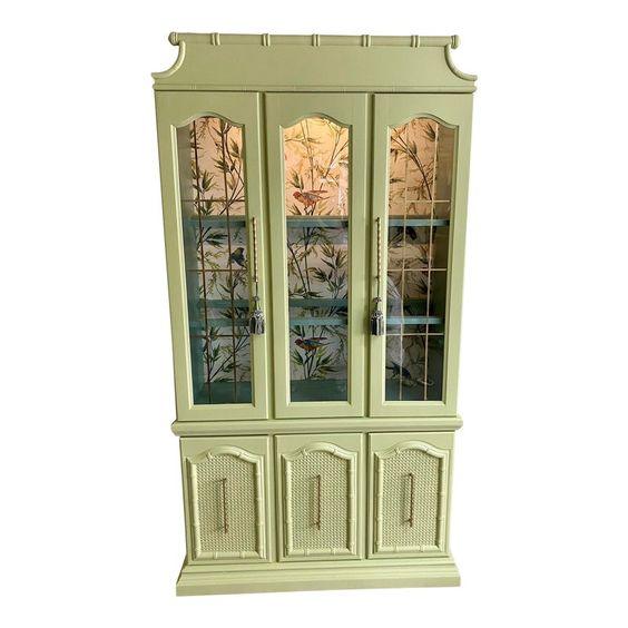 Vintage Faux Bamboo Lighted China Cabinet Available for Custom Lacquer - Hibiscus House