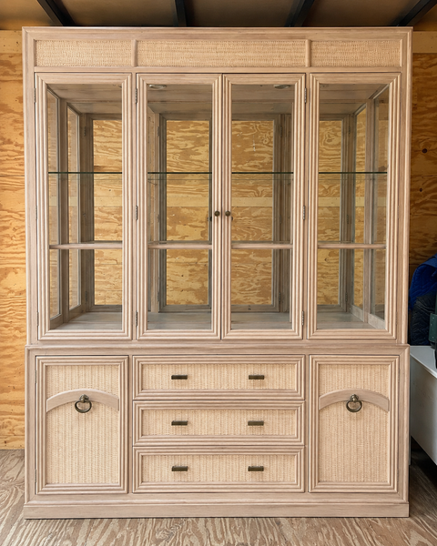Vintage Bassett Bamboo & Cane Front Two Piece China Cabinet Available for Custom Lacquer!