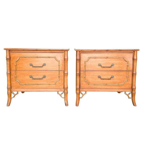 Vintage Dixie Furniture Two Drawer Faux Bamboo Nightstand Pair with Fretwork Available for Custom Lacquer!