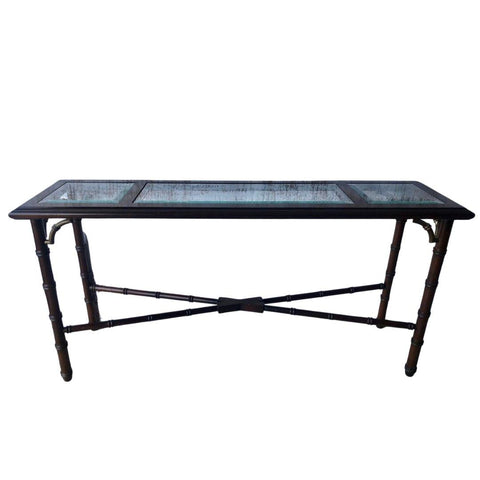 Vintage Faux Bamboo Glass Top Console Table With Fretwork Available for Custom Lacquer! - Hibiscus House