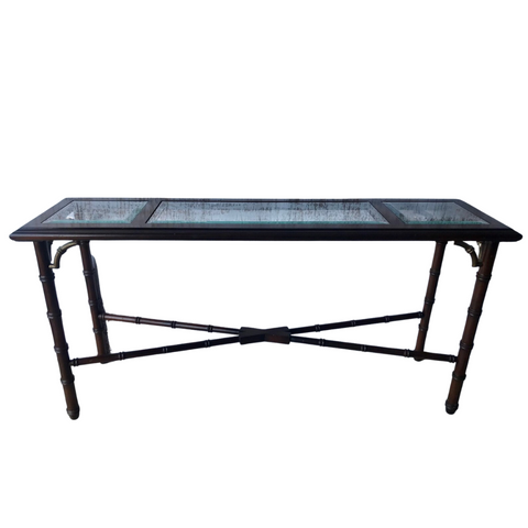 Vintage Faux Bamboo Glass Top Console Table With Fretwork Available for Custom Lacquer!
