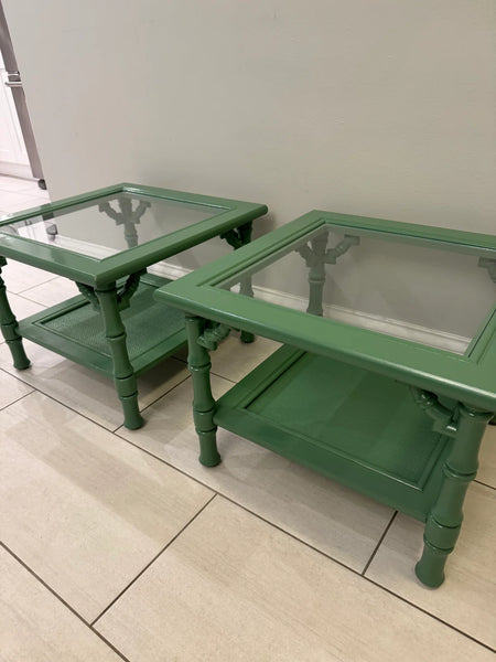 Vintage Faux Bamboo Two-Tier Mersman Furniture Side Table Pair Available for Custom Lacquer! - Hibiscus House