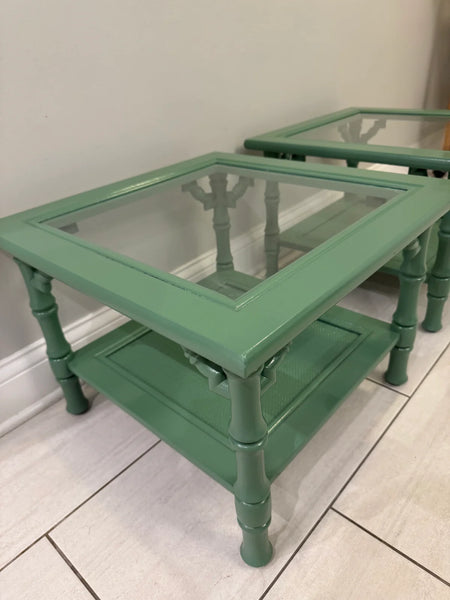 Vintage Faux Bamboo Two-Tier Mersman Furniture Side Table Pair Available for Custom Lacquer! - Hibiscus House