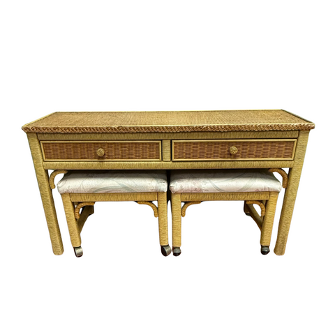 Vintage Henry Link Wicker Console Table with Ottomans Available for Custom Lacquer!