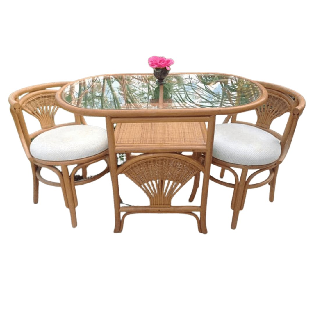 Vintage Rattan Shell Detail Faux Bamboo Honeymoon Table Set