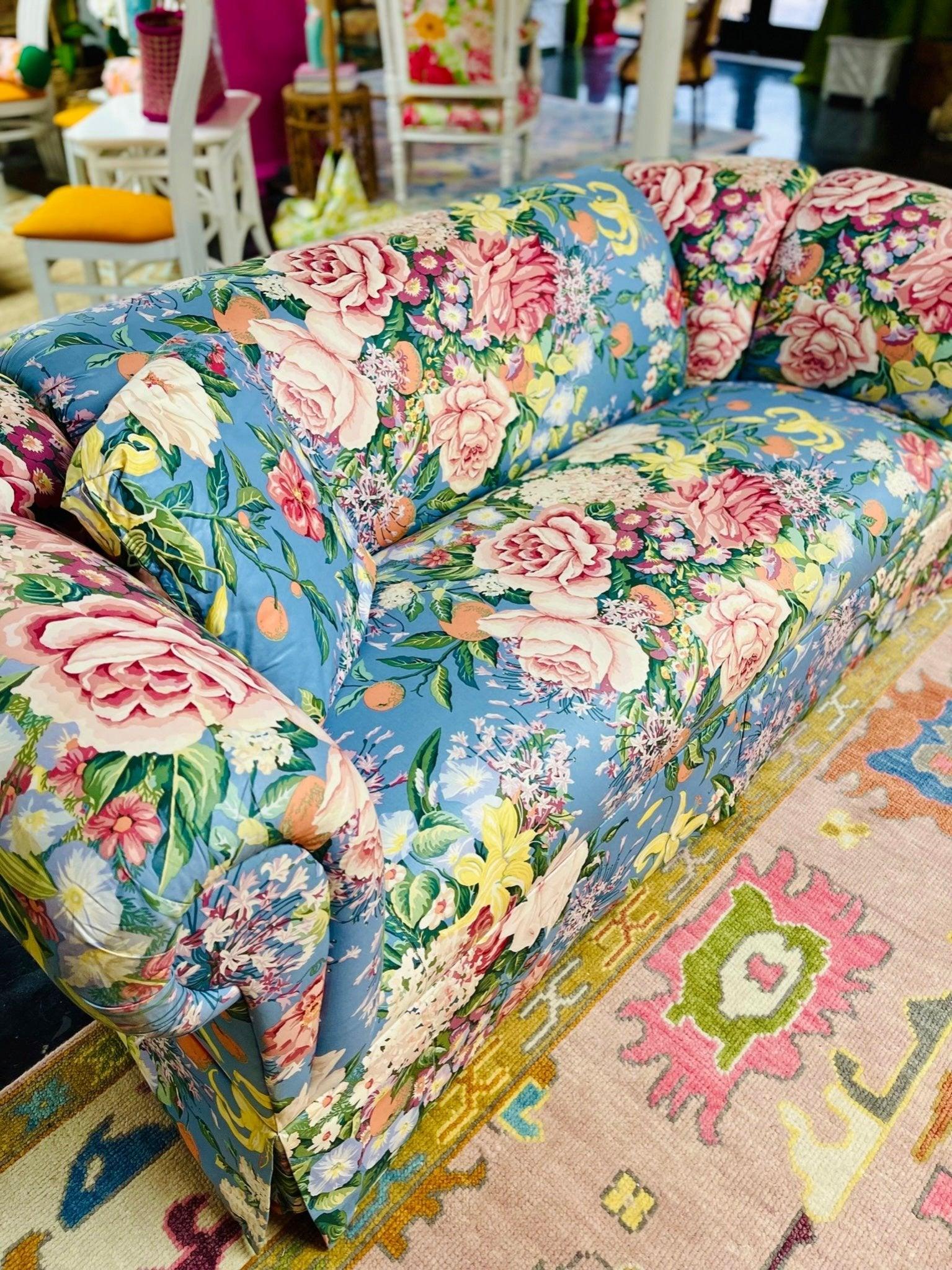 Hollywood Regency Vintage Blue Floral Upholstered Chintz Sofa