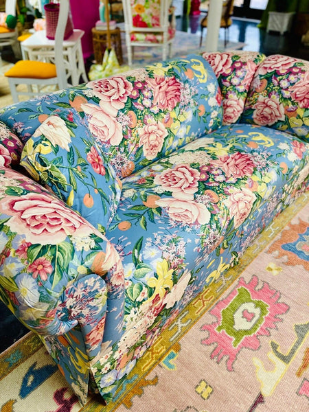 Hollywood Regency Vintage Blue Floral Upholstered Chintz Sofa Ready to Ship! - Hibiscus House