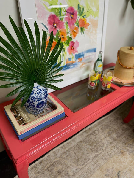 Vintage Mid Century Ming Style Console Table Lacquered in Begonia - Hibiscus House