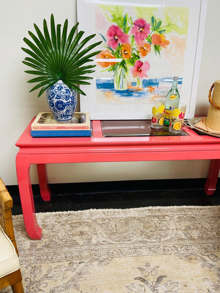 Vintage Mid Century Ming Style Console Table Lacquered in Begonia - Hibiscus House