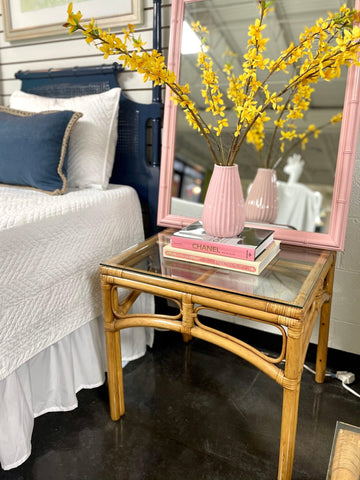 Vintage Rattan Glass Top End Tables- Pair - Hibiscus House