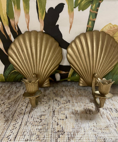 Antique Brass Seashell Sconces- Pair - Hibiscus House