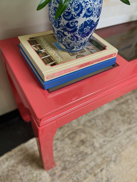 Vintage Mid Century Ming Style Console Table Lacquered in Begonia - Hibiscus House