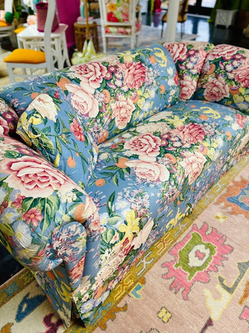Hollywood Regency Vintage Blue Floral Upholstered Chintz Sofa Ready to Ship! - Hibiscus House