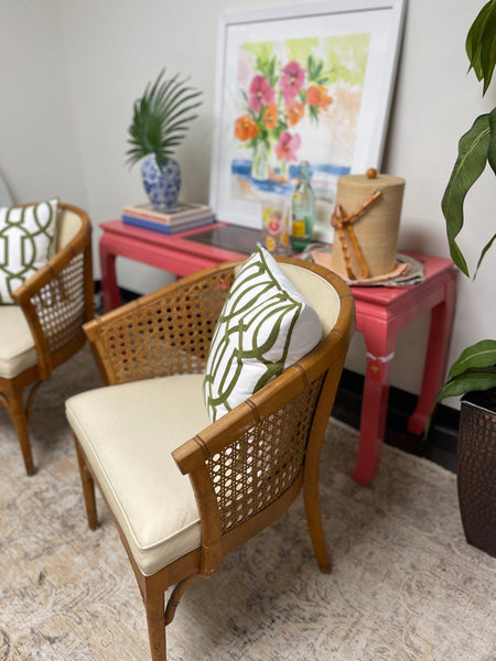 Vintage Pair of Cane Barrel Back Upholstered Chairs - Hibiscus House