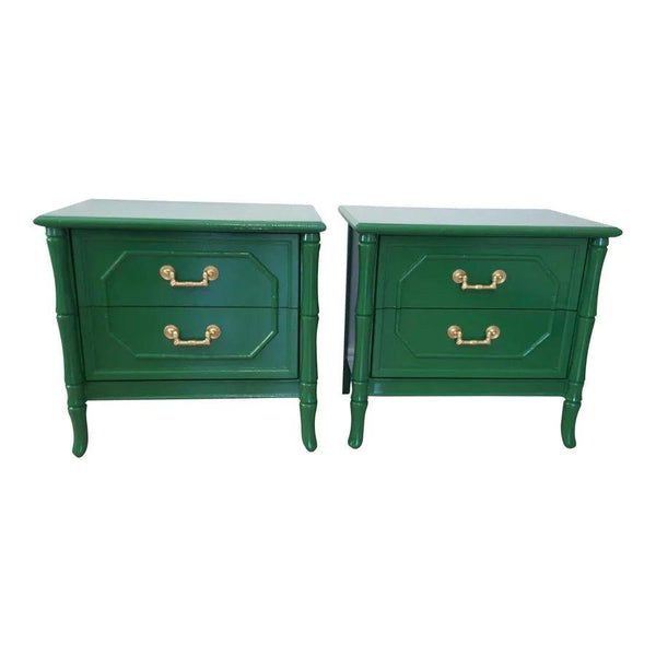 Vintage Broyhill Furniture Faux Bamboo Nightstand Pair Available for Custom Lacquer - Hibiscus House