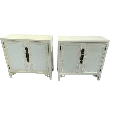 Vintage Pair of Chinoiserie Style Oversized Cabinet Door Nightstands With Greek Key Details Available for Custom Lacquer! - Hibiscus House