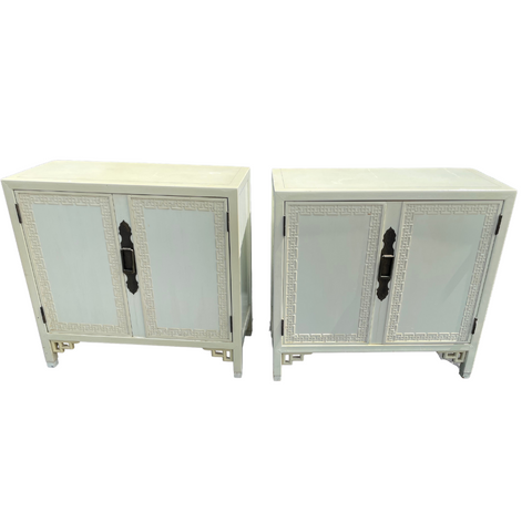 Vintage Pair of Chinoiserie Style Oversized Cabinet Door Nightstands With Greek Key Details Available for Custom Lacquer!