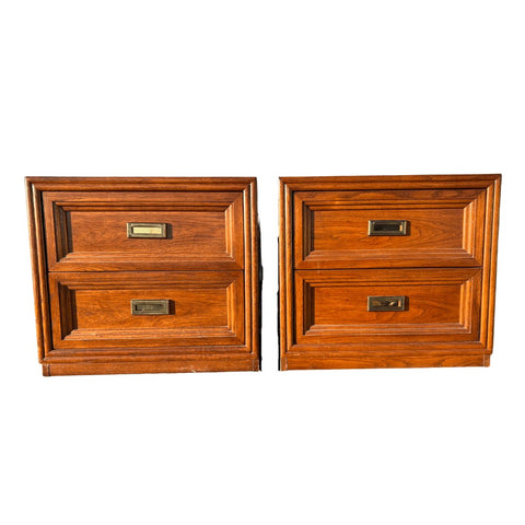 Vintage Thomasville Furniture Two Drawer Campaign Style Nightstand Pair Available for Custom Lacquer! - Hibiscus House