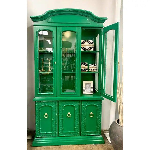 Vintage Faux Bamboo Lighted China Cabinet Available for Custom Lacquer - Hibiscus House