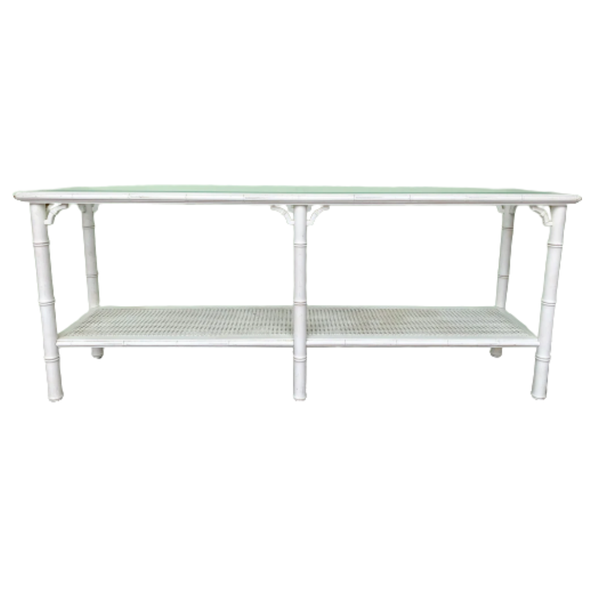 Vintage Faux Bamboo and Cane Two-Tier Glass Top Console Table with Fretwork Available for Custom Lacquer! - Hibiscus House