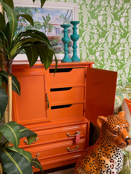 Vintage Cane and Faux Bamboo Armoire Lacquered in Electric Orange - Hibiscus House