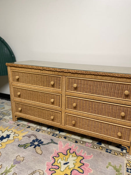 Vintage Henry Link Six Drawer Wicker Dresser with Glass Top Ready to Ship!