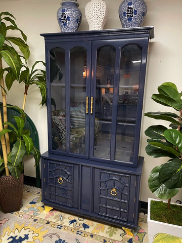 Vintage Faux Bamboo China Cabinet Professionally Lacquered in "Naval"