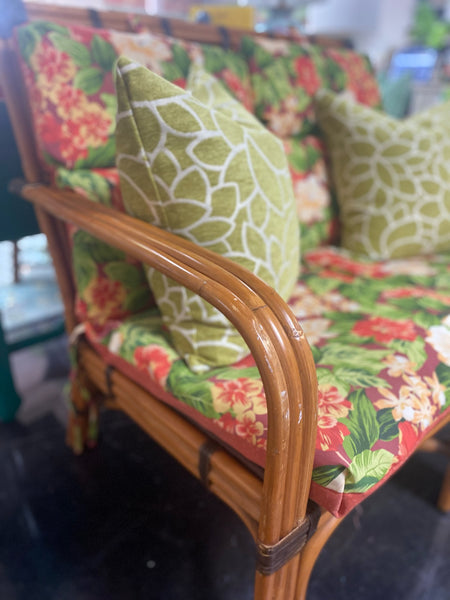 Vintage Paul Frankl Style Rattan Loveseat with Vibrant Floral Cushions Available & Ready to Ship