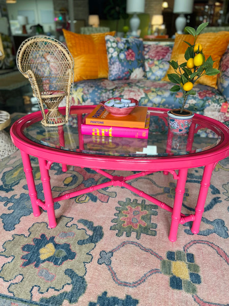 Vintage Oval Faux Bamboo Coffee Table with Fretwork Detail Lacquered in Rosy Blush Ready to Ship