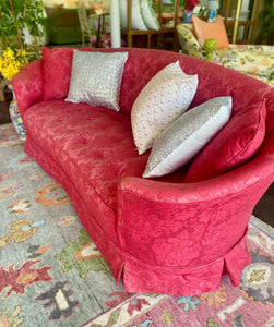 Vintage Pink Silk Kidney Shaped Skirted Sofa Pair Ready to Ship! - Hibiscus House