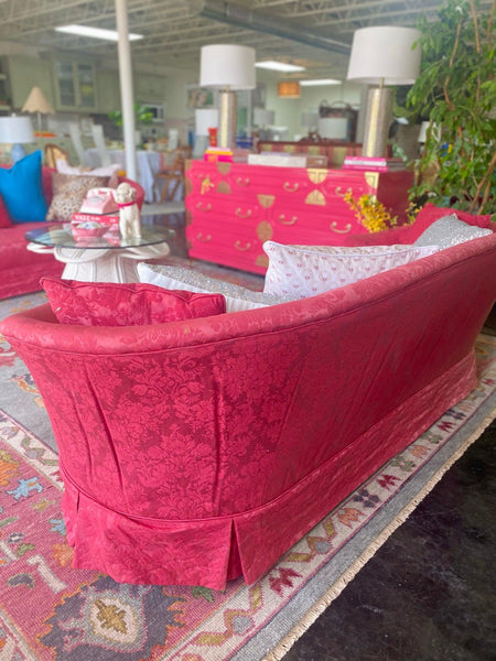 Vintage Pink Silk Kidney Shaped Skirted Sofa Pair Ready to Ship! - Hibiscus House