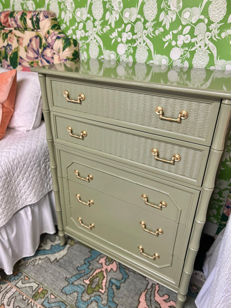 Vintage Broyhill Faux Bamboo Five Drawer Tallboy Chest in Eucalyptus Leaf Ready to Ship!