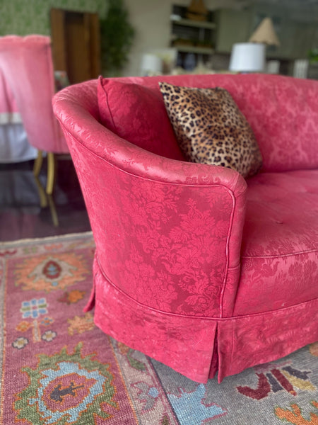 Vintage Pink Silk Kidney Shaped Skirted Sofa Pair Ready to Ship!