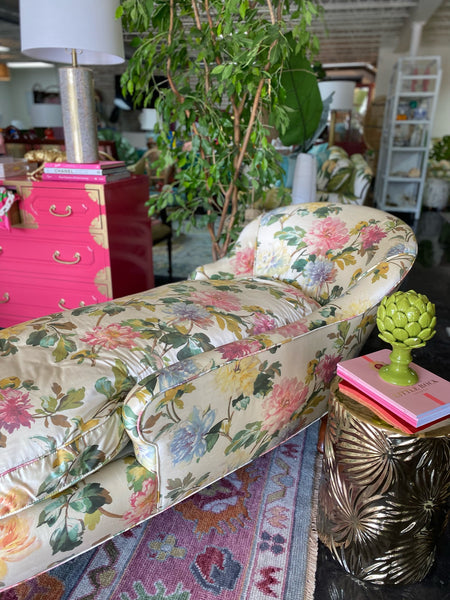 Vibrant French Louis XV Style Down Filled Silk Chaise Lounge Ready to Ship