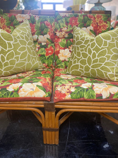 Vintage Paul Frankl Style Rattan Loveseat with Vibrant Floral Cushions Available & Ready to Ship