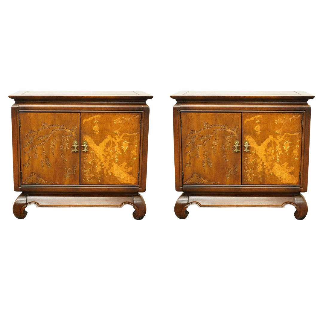 Vintage Asian Chinoiserie Cabinet Front Nightstand Pair Available for Custom Lacquer