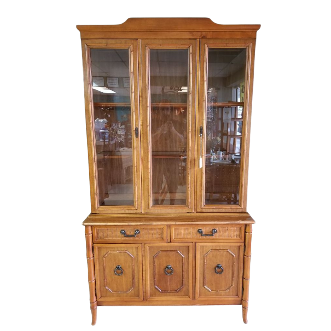Vintage Faux Bamboo Broyhill Two Piece China Cabinet Available for Custom Lacquer