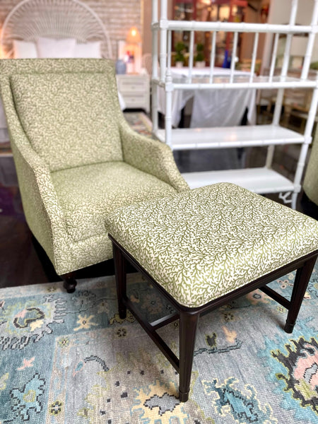 Pair of Green & White Custom Upholstered Armchairs with Matching Ottomans Ready to Ship