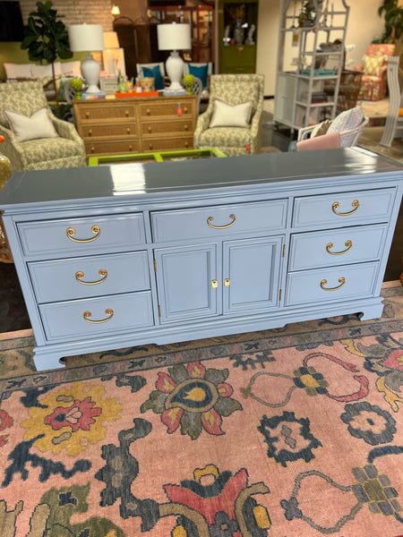 Vintage Chinoiserie Style Credenza by Bassett Furniture Lacquered in Colonial Blue Ready to Ship!