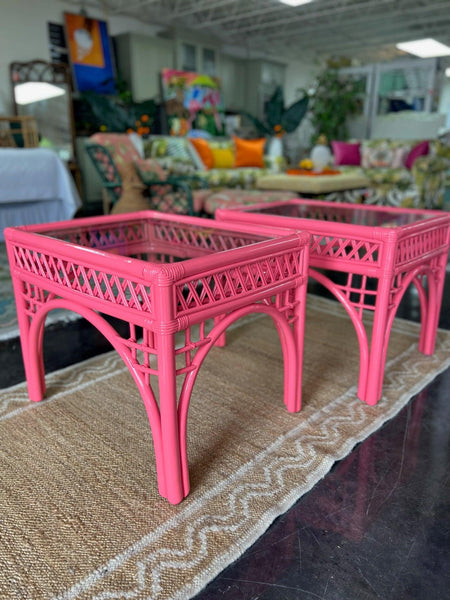 Vintage Rattan Glass Top End Tables Lacquered in Cactus Flower Ready to Ship! - Hibiscus House