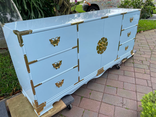 Vintage Korean Tansu Style Chinoiserie Credenza Lacquered in "Little Boy Blue" Ready to Ship