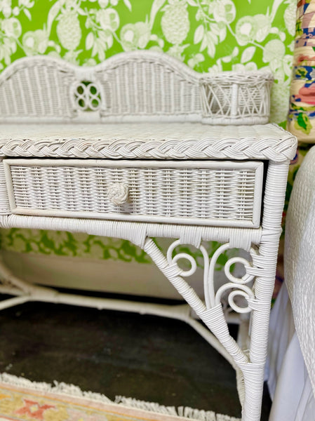 Vintage White Wicker Desk/Vanity with Peacock Detailing Ready to Ship