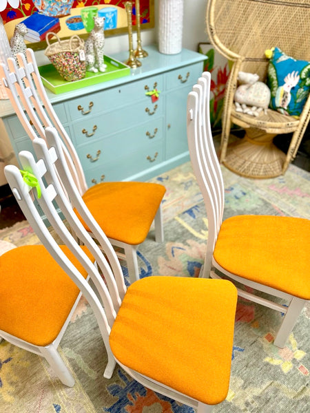 Set of Four MId Century Modern Tall Slated- back Dining Chairs Available & Ready to Ship