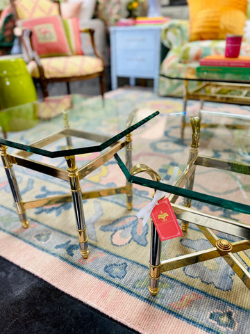 Vintage Glass with Brass Accent Side Table Pair Ready to Ship