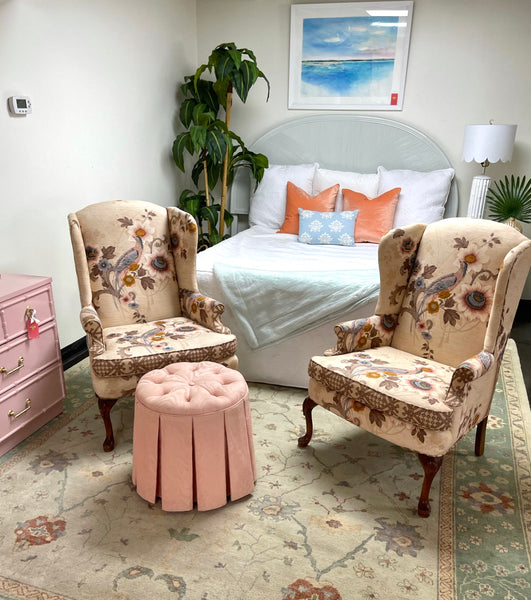 Vintage Upholstered Pink Round Footstool
