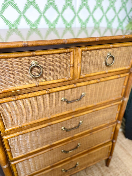 Henry Link Faux Bamboo Wicker Front Tallboy Chest Ready to Ship!