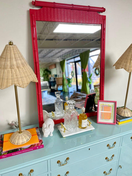 Vintage Faux Bamboo Pagoda Mirror Lacquered in Red Tulip Ready to Ship